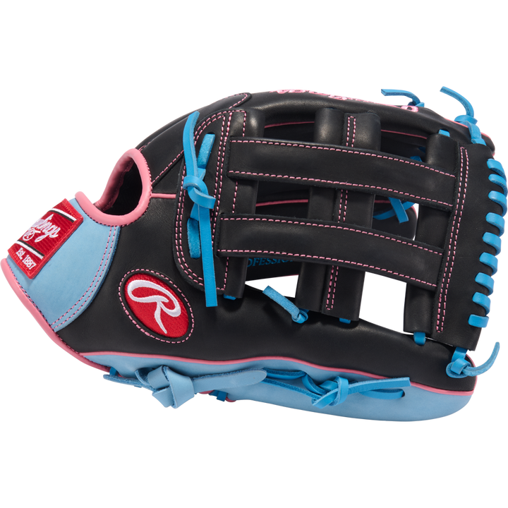 The Rawlings R9 12.75" Baseball Glove (R93029-6BP) features a black design with pink stitching, light blue laces, and blue/pink accents—ideal as a youth outfield glove for players who want both style and top Rawlings performance.