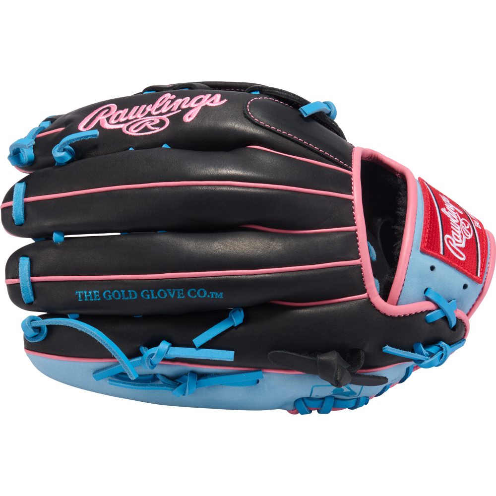 The Rawlings R9 12.75" Baseball Glove (R93029-6BP) is black with pink accents, light blue laces, a pink Rawlings logo, and "THE GOLD GLOVE CO." in gold on the side.