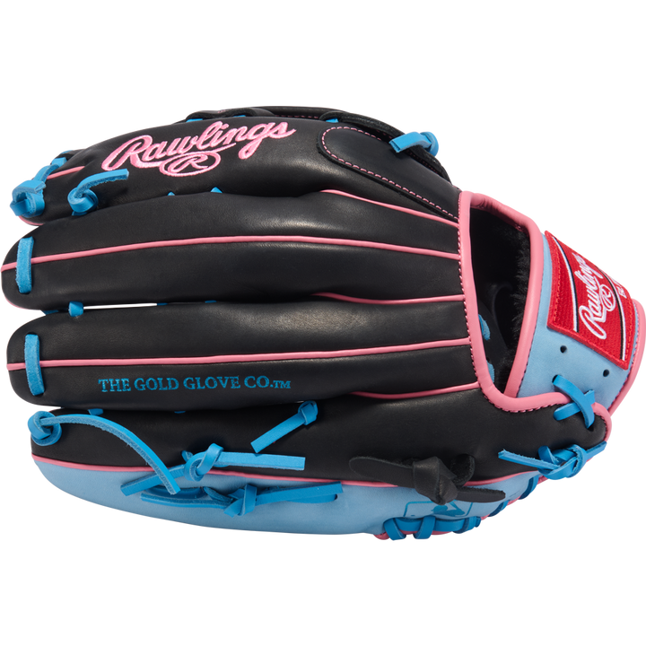 The Rawlings R9 12.75" Baseball Glove (R93029-6BP) is black with pink accents, light blue laces, a pink Rawlings logo, and "THE GOLD GLOVE CO." in gold on the side.