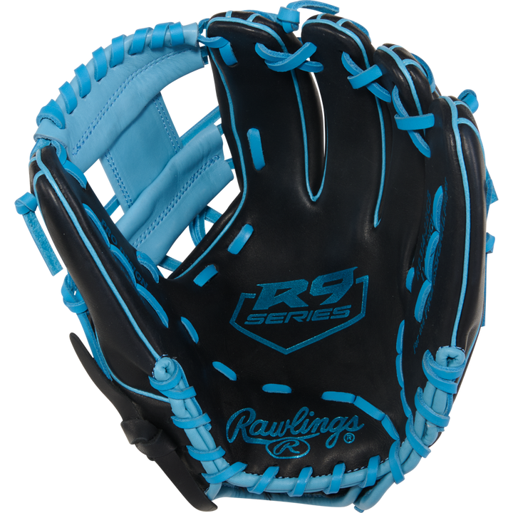 The Rawlings R9 11.5" Baseball Glove (R9314-2BCB) features a black design with light blue laces and Rawlings branding, making it perfect for youth players seeking style and dependable on-field performance.