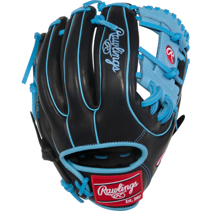 The Rawlings R9 11.5" Baseball Glove (R9314-2BCB) features a black design with blue laces and trim, white Rawlings logos on the palm and back, plus a red patch near the wrist—ideal for youth players wanting style and performance.