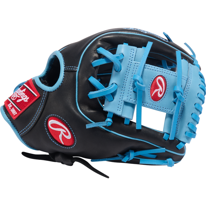 The Rawlings R9 11.5" Baseball Glove (R9314-2BCB) features a black design with bright blue laces and trim, plus red Rawlings logos on the strap and wrist. Ideal for youth players, it’s shown against a plain white background.