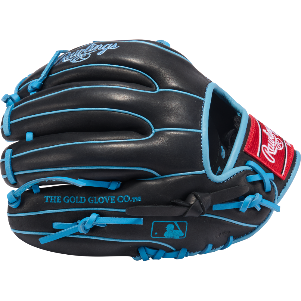 The Rawlings R9 11.5" Baseball Glove (R9314-2BCB) features a black design with blue laces, “THE GOLD GLOVE CO.” script, MLB logo, and red Rawlings patch—ideal as a youth baseball glove.
