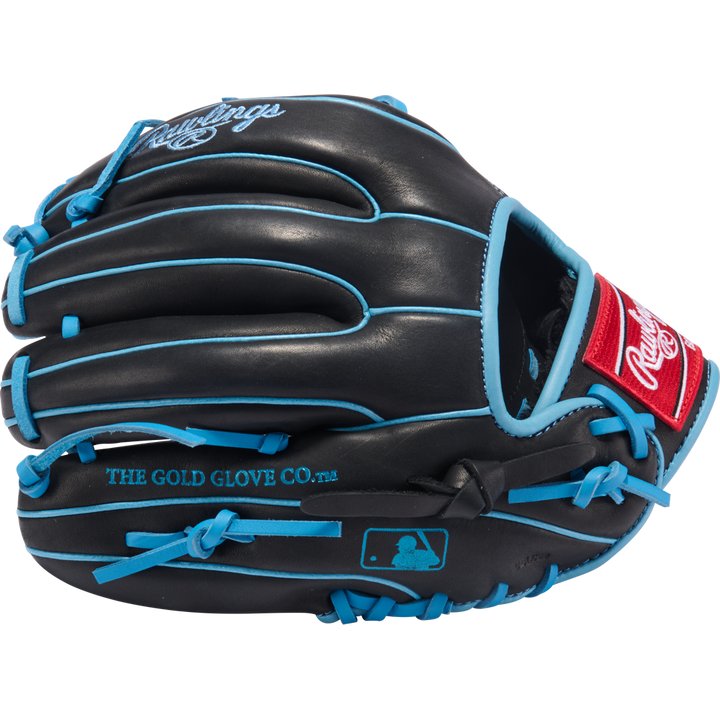 The Rawlings R9 11.5" Baseball Glove (R9314-2BCB) features a black design with blue laces, “THE GOLD GLOVE CO.” script, MLB logo, and red Rawlings patch—ideal as a youth baseball glove.