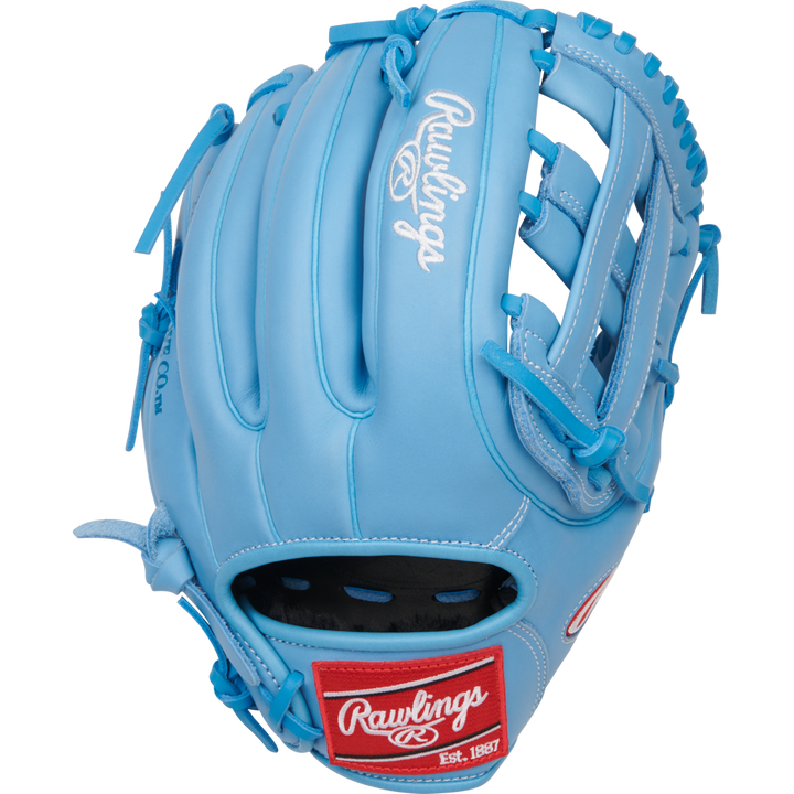 The Rawlings R9 11.75" Baseball Glove (R9315-6CB) features light blue leather, white stitching, lacing accents, and a red Rawlings wrist patch. Ideal as a youth infield glove, it appears new and unused.