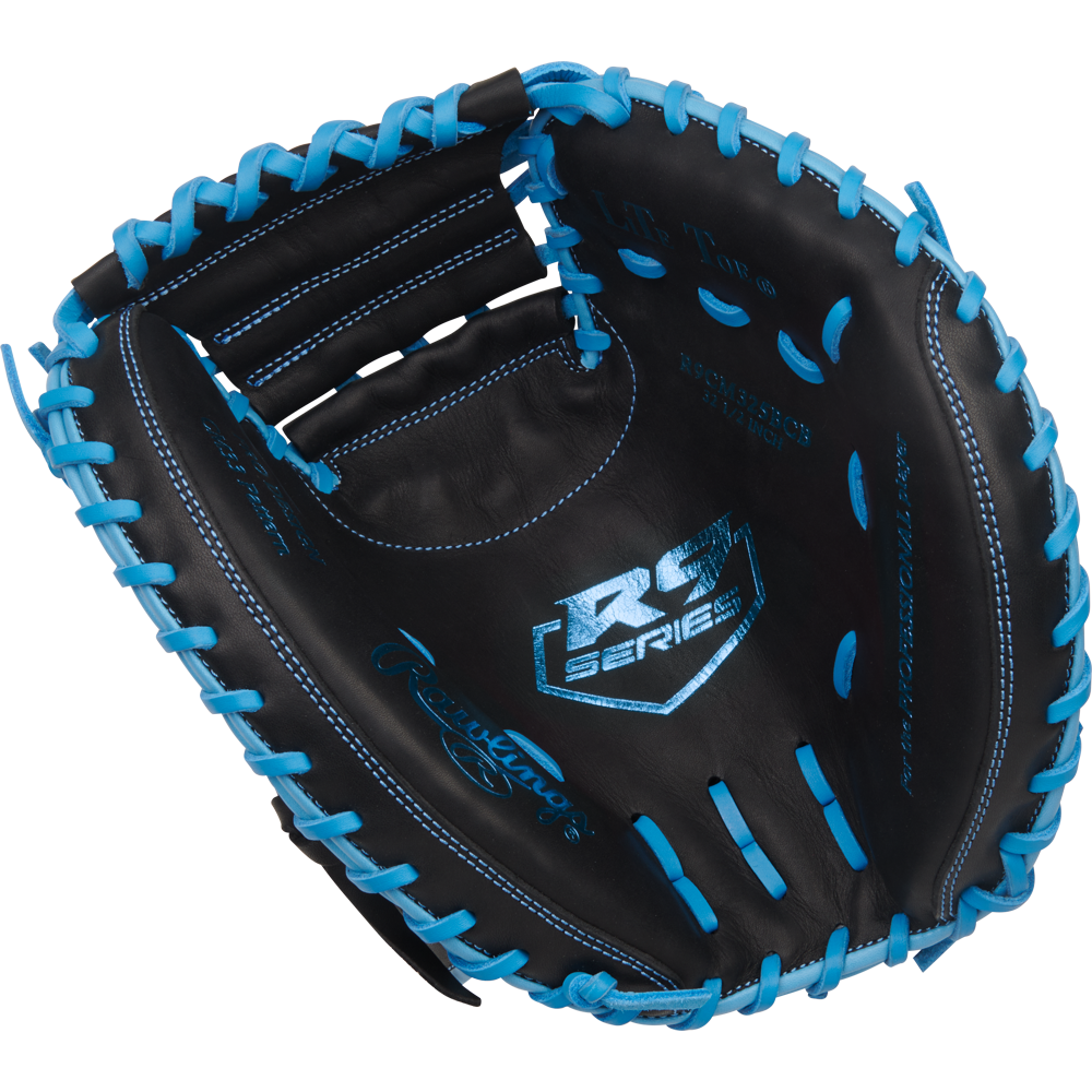 A Rawlings R9 32.5" catcher's mitt (R9CM325BCB) in black features bright blue laces and stitching, plus the RC Series logo in silver on the palm.