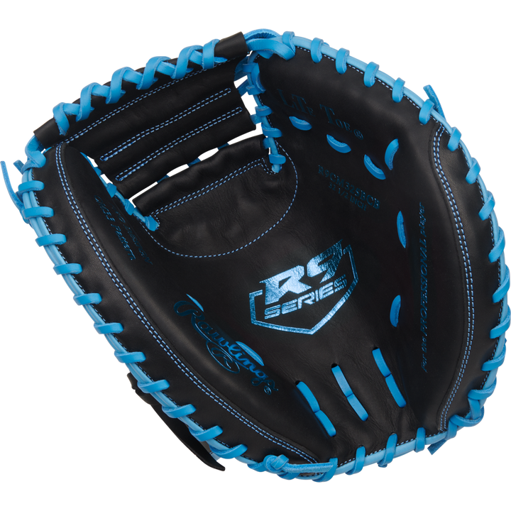 A Rawlings R9 32.5" catcher's mitt (R9CM325BCB) in black features bright blue laces and stitching, plus the RC Series logo in silver on the palm.