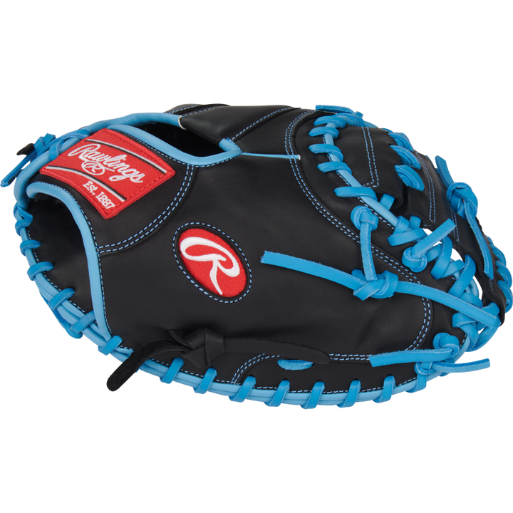 A Rawlings R9 32.5" Baseball Catcher's Mitt (R9CM325BCB) in black with bright blue laces and trim, Rawlings logo, and a red wrist label is shown against a plain light background.