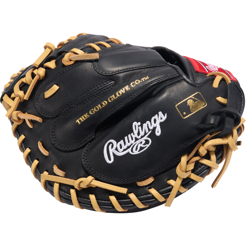 The Rawlings R9 32" ContoUR Baseball Catcher's Mitt (R9CMU-23BC) features a black design with tan laces, white Rawlings and THE GOLD GLOVE CO. stitching, and an MLB logo patch—ideal for youth catchers.