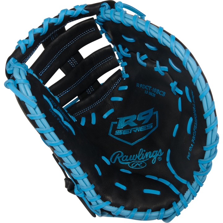 The Rawlings R9 13" Baseball First Base Mitt (R9DCT-10BCB) features a black design with bright blue lacing and stitching, plus R9 Series and Rawlings logos—a perfect first base mitt for young players.