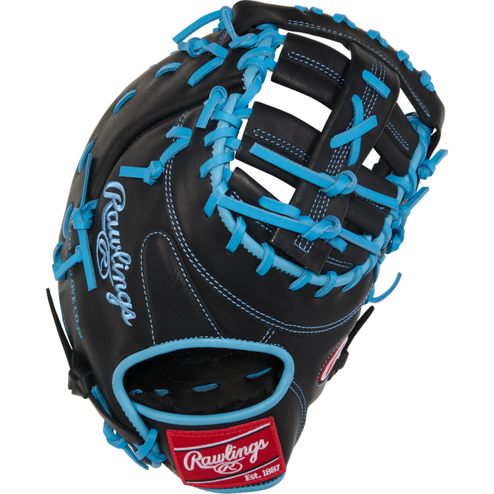 The Rawlings R9 13" Baseball First Base Mitt: R9DCT-10BCB is a youth black mitt with bright blue laces, white stitching, an open web design, and red Rawlings branding near the wrist.