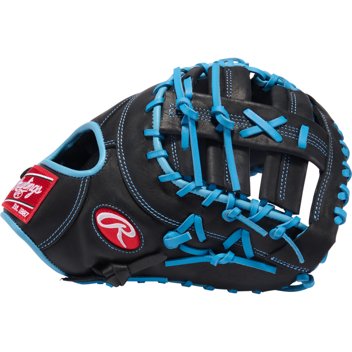 The Rawlings R9 13" Baseball First Base Mitt (R9DCT-10BCB) is shown in black with blue laces, white stitching, and a red wrist patch on a plain white background.