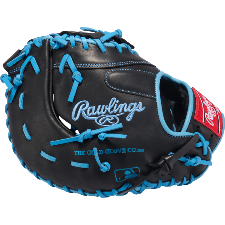 The Rawlings R9 13" Baseball First Base Mitt (R9DCT-10BCB) is a black and blue mitt, ideal for youth first basemen.