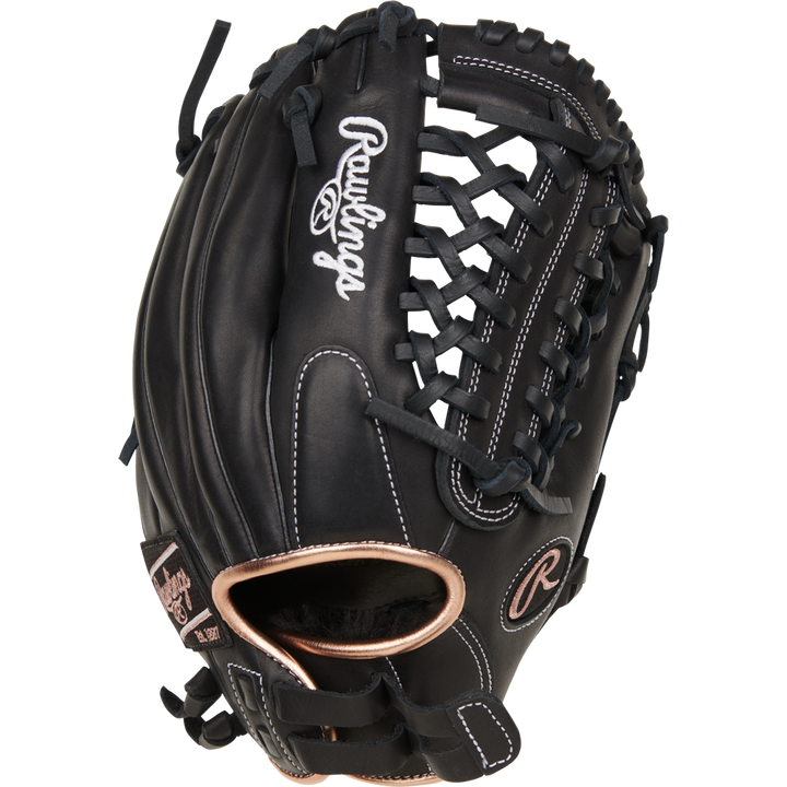 The Rawlings R9 12" Fastpitch Glove: R9SB120-4B is a black infield/pitcher's glove with white stitching, tan lining, laced webbing, and the Rawlings logo on the thumb and pinky. Crafted from high-quality full-grain leather.