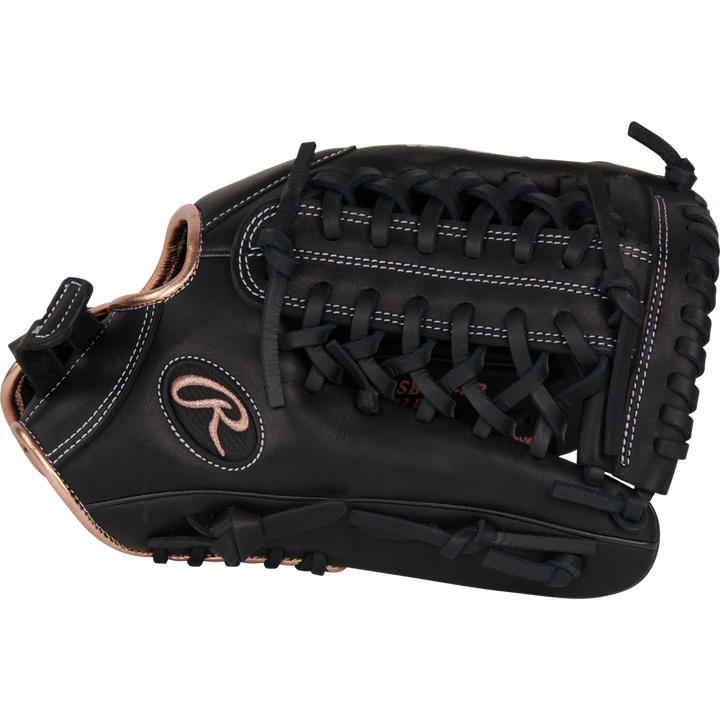 A Rawlings R9 12" Fastpitch Glove (R9SB120-4B), black with tan accents and white stitching, full-grain leather, R logo, and laced webbing is displayed on a plain white background.