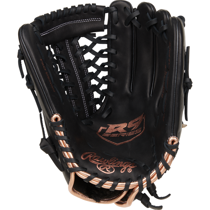 The Rawlings R9 12" Fastpitch Glove (R9SB120-4B) features a black full-grain leather shell with tan lacing, R Series branding on the palm, detailed stitching, and sturdy webbing—ideal for infielders or pitchers.
