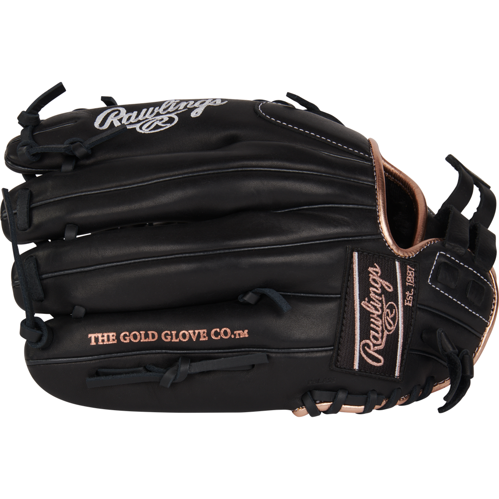 The Rawlings R9 12" Fastpitch Glove (R9SB120-4B) in black with tan accents, crafted from full-grain leather, is shown on a plain white background. This infield/pitcher's glove delivers premium performance.