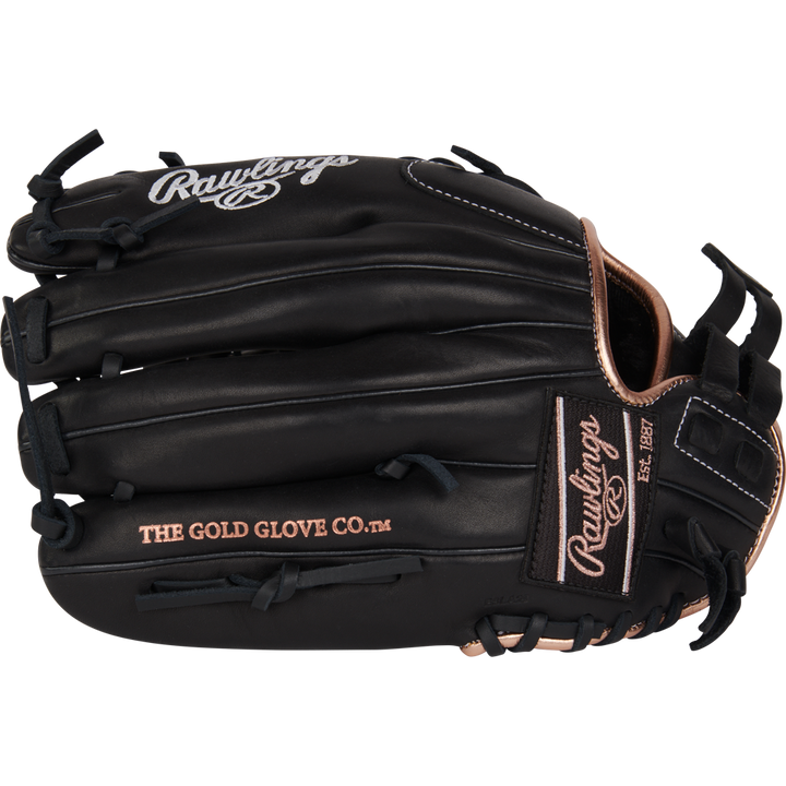 The Rawlings R9 12" Fastpitch Glove (R9SB120-4B) in black with tan accents, crafted from full-grain leather, is shown on a plain white background. This infield/pitcher's glove delivers premium performance.