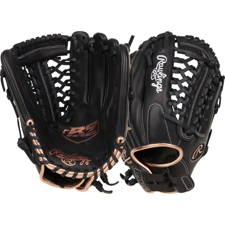 Two Rawlings R9 12" Fastpitch Gloves by Rawlings are shown in black full-grain leather with beige lacing and white stitching—one palm side, one back—each displaying the Rawlings logo.