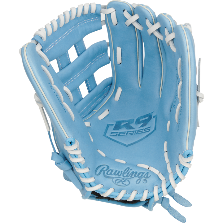 The Rawlings R9 12" Fastpitch Glove (R9SB120-6CB) features light blue full-grain leather, white laces, and “R9 SERIES” branding on the palm, displayed open against a plain white background.