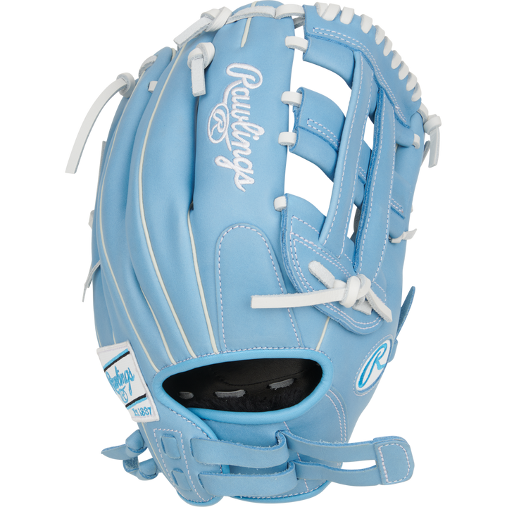 The Rawlings R9 12" Fastpitch Glove (R9SB120-6CB) features light blue full-grain leather, white laces and stitching, a white Rawlings logo on the back, and a black interior pocket.