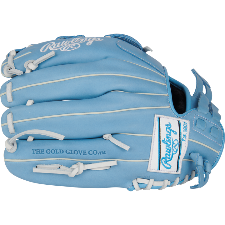 The Rawlings R9 12" Fastpitch Glove (R9SB120-6CB) features light blue full-grain leather, white laces, and embossed Rawlings and THE GOLD GLOVE CO. logos—ideal for versatile performance on the field.