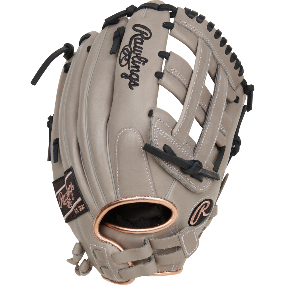 The Rawlings R9 12" ContoUR Fastpitch Glove (R9SB120U-6GB) is a tan youth softball glove with black laces and stitching, webbed pocket, and the Rawlings logo on the backโdesigned for ultimate comfort with superior ContoUR Fit.