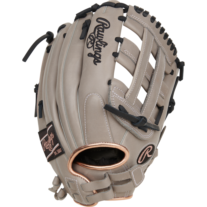 The Rawlings R9 12" ContoUR Fastpitch Glove (R9SB120U-6GB) is a tan youth softball glove with black laces and stitching, webbed pocket, and the Rawlings logo on the back—designed for ultimate comfort with superior ContoUR Fit.