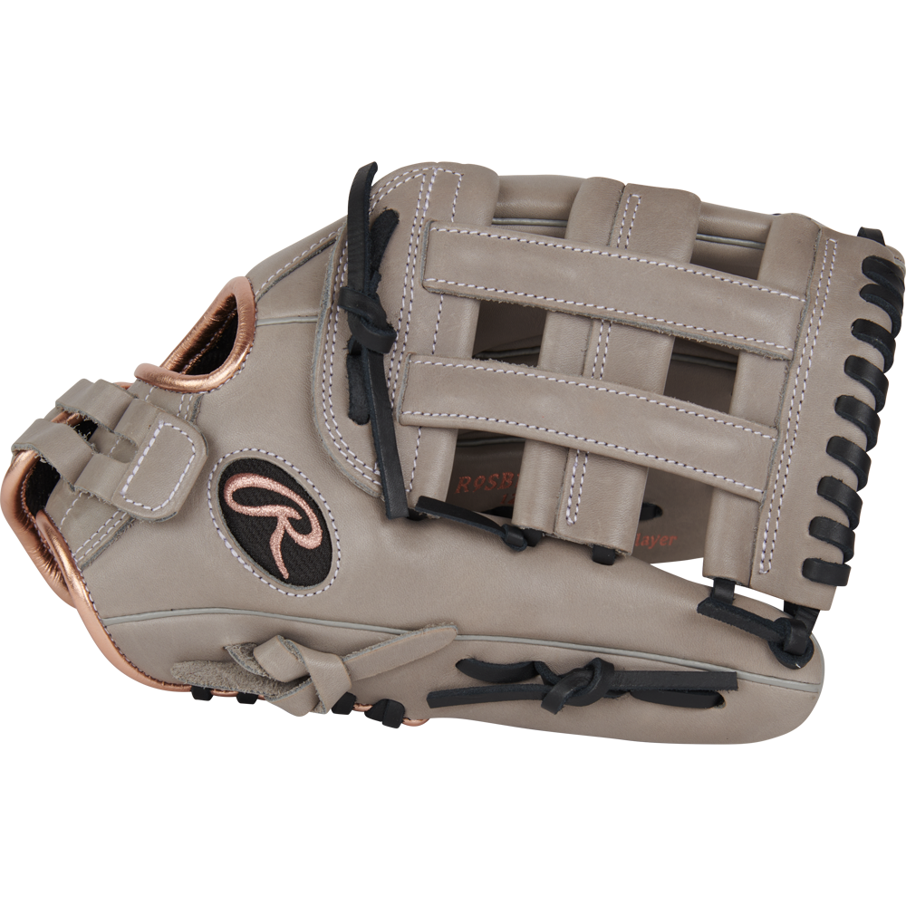 The Rawlings R9 12" ContoUR Fastpitch Glove (R9SB120U-6GB) features a tan design with black laces, copper trim, and an open web, shown on a plain white background.