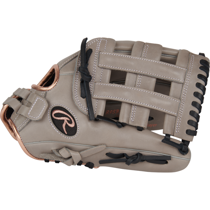 The Rawlings R9 12" ContoUR Fastpitch Glove (R9SB120U-6GB) features a tan design with black laces, copper trim, and an open web, shown on a plain white background.