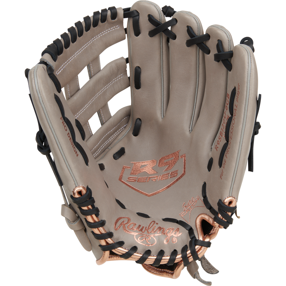 The Rawlings R9 12" ContoUR Fastpitch Glove (R9SB120U-6GB) features a tan design with black laces, rose gold accents, ContoUR Fit for comfort, the R9 Series logo on the palm, and Rawlings stitched near the wrist.