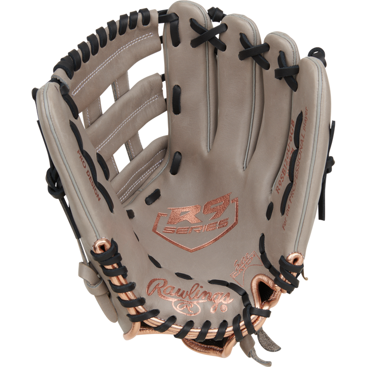 The Rawlings R9 12" ContoUR Fastpitch Glove (R9SB120U-6GB) features a tan design with black laces, rose gold accents, ContoUR Fit for comfort, the R9 Series logo on the palm, and Rawlings stitched near the wrist.