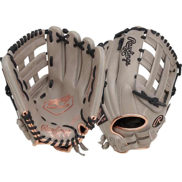 The Rawlings R9 12" ContoUR Fastpitch Glove (R9SB120U-6GB) features a gray design with black laces and gold accents, shown front and back on a light background, offering a comfortable fit for young softball players.