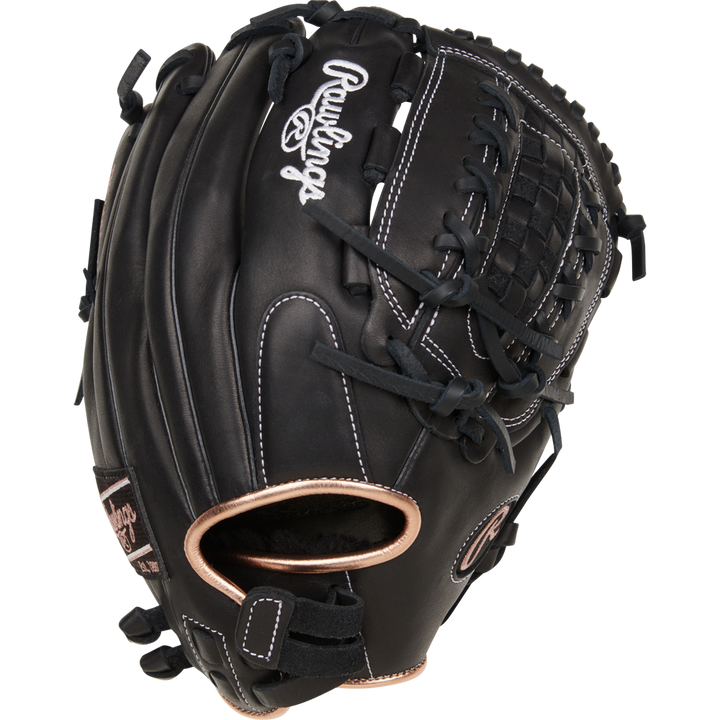 The Rawlings R9 12.5" Fastpitch Glove (R9SB125-18B) features black full-grain leather, white stitching, and a webbed pocket, shown against a white background.