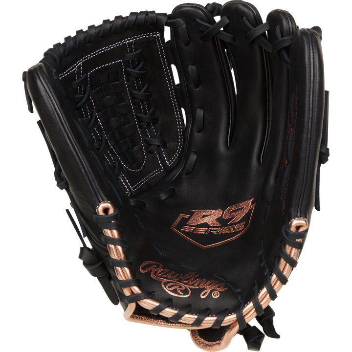 The Rawlings R9 12.5" Fastpitch Glove (R9SB125-18B) features a black design with copper accents, white stitching, and woven web. Made from durable full-grain leather, this outfield glove by Rawlings delivers premium performance.