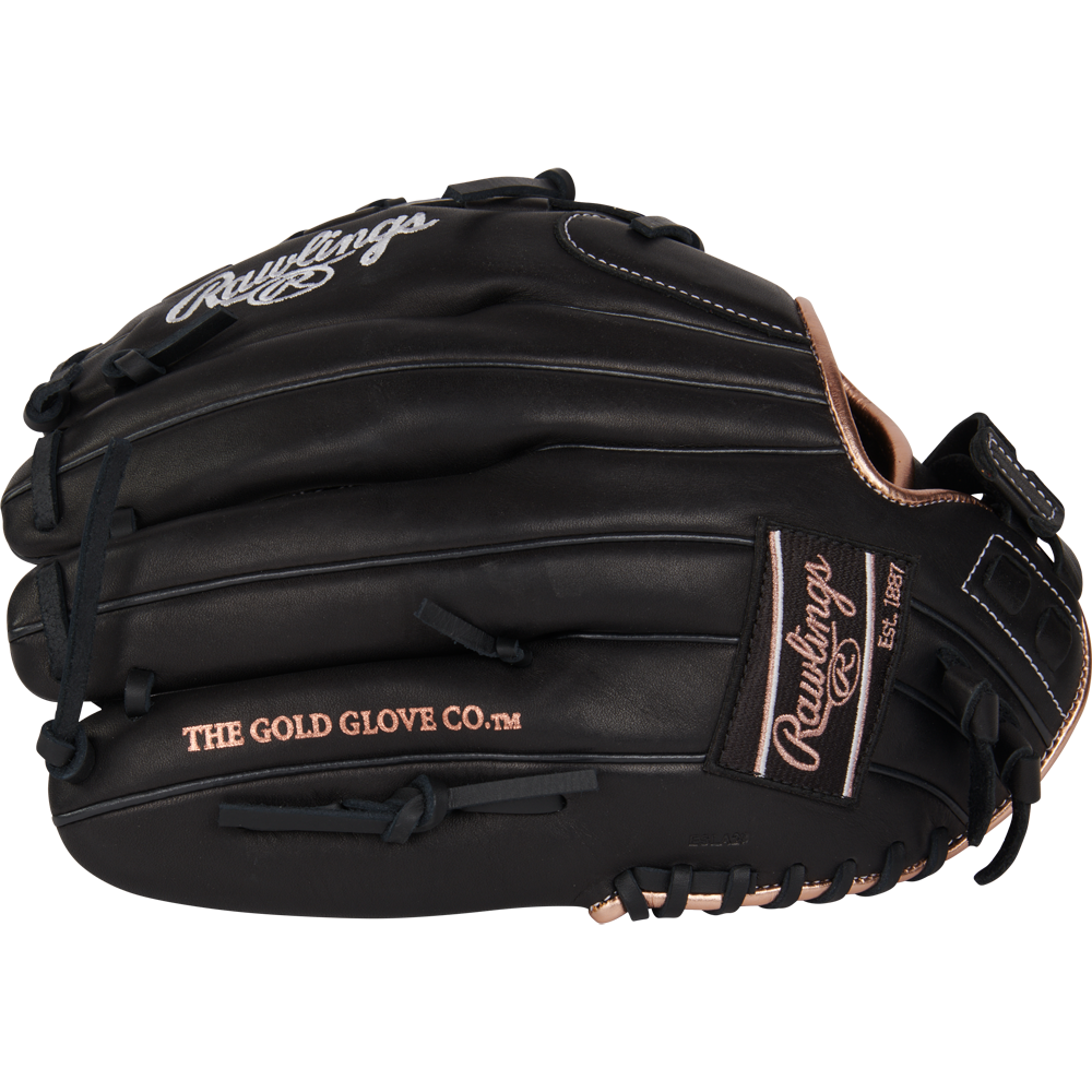 The Rawlings R9 12.5" Fastpitch Glove (R9SB125-18B) is a black, full-grain leather outfield glove with gold accents, visible lacing, "THE GOLD GLOVE CO." text on the side, and Rawlings logos on the top and wrist strap.
