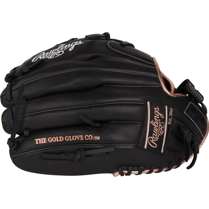 The Rawlings R9 12.5" Fastpitch Glove (R9SB125-18B) is a black, full-grain leather outfield glove with gold accents, visible lacing, "THE GOLD GLOVE CO." text on the side, and Rawlings logos on the top and wrist strap.