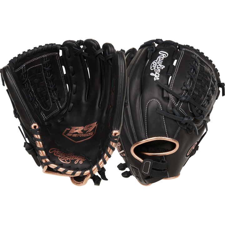 Two Rawlings R9 12.5" Fastpitch Gloves (R9SB125-18B) in black with tan stitching are shown, featuring Full-Grain Leather, the Rawlings logo, and detailed lacing—one displayed palm up and the other showing the back.