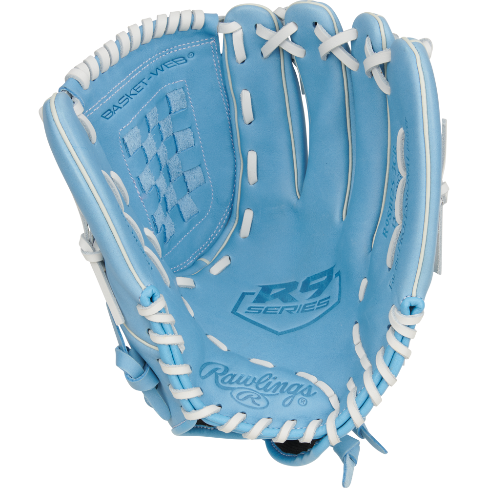 A close-up of the Rawlings R9 12.5" Fastpitch Glove (R9SB125-3CB), crafted from durable full-grain leather.