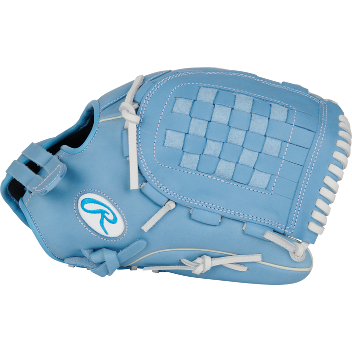 The Rawlings R9 12.5" Fastpitch Glove (R9SB125-3CB) features light blue full-grain leather, white laces and stitching, a woven pocket design, and a logo on the thumb, displayed against a plain background.