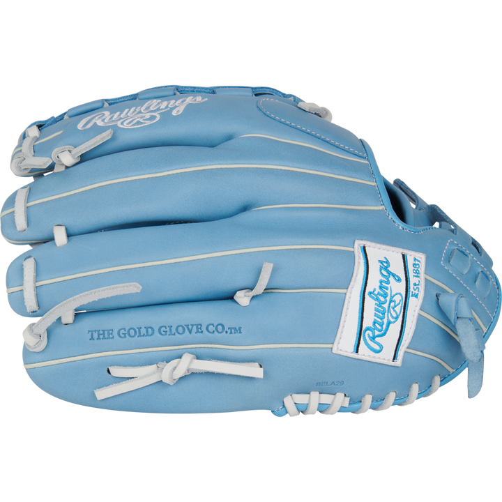 The Rawlings R9 12.5" Fastpitch Glove (R9SB125-3CB) features a light blue design with white stitching and logo, showing "Rawlings" and "THE GOLD GLOVE CO." on the side—ideal as a versatile utility glove.