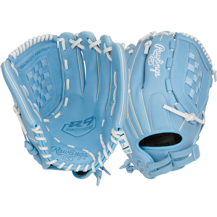 A pair of Rawlings R9 12.5" Fastpitch Gloves (R9SB125-3CB) in light blue with white laces and branding, shown with one palm and one back view—ideal utility gloves for serious players who value quality and style.