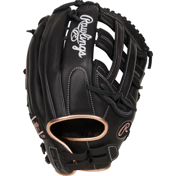 The Rawlings R9 13" Fastpitch Glove (R9SB130-6B) is a black outfield glove with white stitching, tan accents, open web design, and durable full-grain leather for lasting performance.