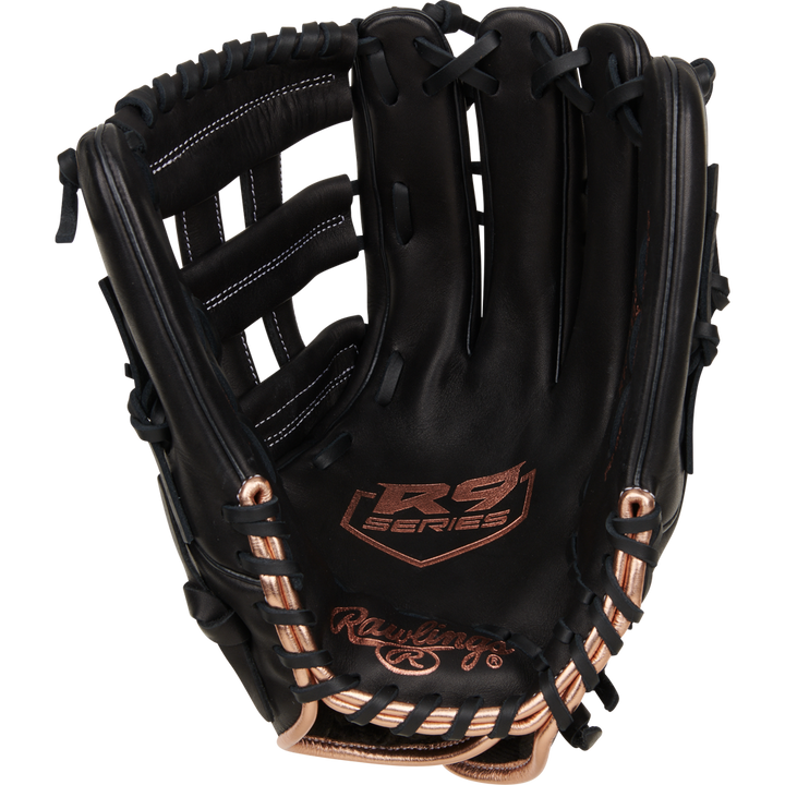 A Rawlings R9 13" Fastpitch Glove (R9SB130-6B) in black with tan laces and stitching, crafted from full-grain leather, is shown open with visible Rawlings branding on the palm and wrist against a plain white background.