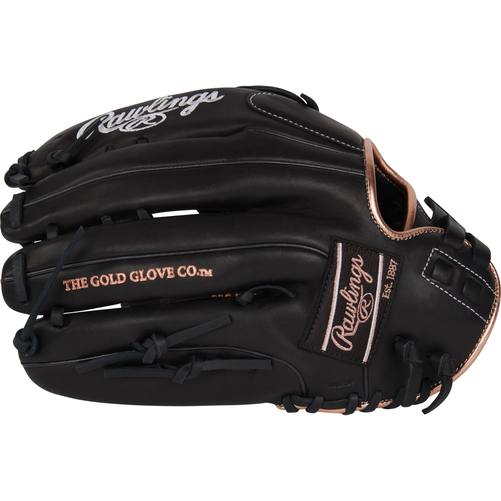 A black Rawlings R9 13" Fastpitch Glove (R9SB130-6B) with tan stitching, "THE GOLD GLOVE CO." and "Rawlings" printed on it, crafted from full-grain leather and viewed closed from the side.