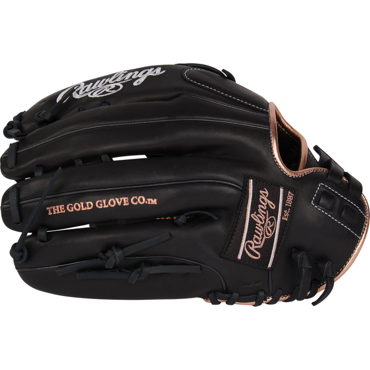 A black Rawlings R9 13" Fastpitch Glove (R9SB130-6B) with tan stitching, "THE GOLD GLOVE CO." and "Rawlings" printed on it, crafted from full-grain leather and viewed closed from the side.