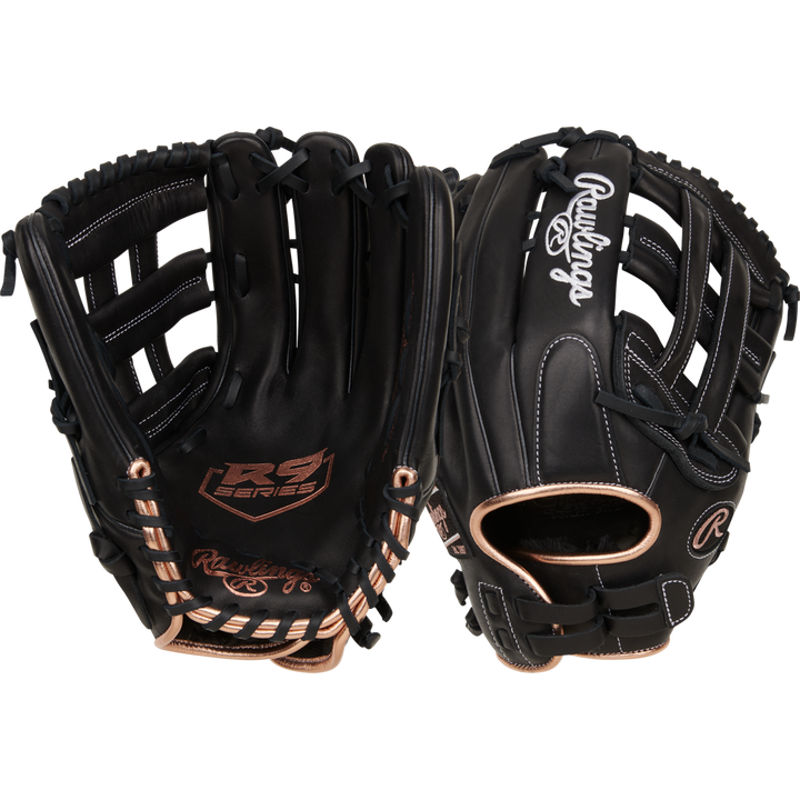 A close-up of the Rawlings R9 13" Fastpitch Glove (R9SB130-6B), made from durable full-grain leather.