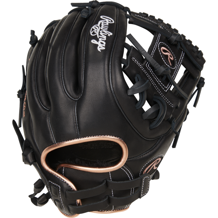 The Rawlings R9 11.75" Fastpitch Glove (R9SB715-2B) is black with tan lacing, white stitching, full-grain leather construction, the Rawlings logo in white on the back, and a metallic accent at the wrist opening.