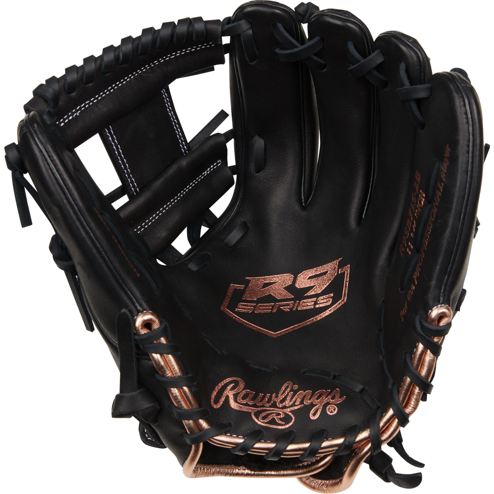 The Rawlings R9 11.75" Fastpitch Glove (R9SB715-2B) is a black, full-grain leather infield glove with brown stitching, “R9 Series” on the palm, prominent edge lacing, and is sized for fastpitch at 11.75 inches.