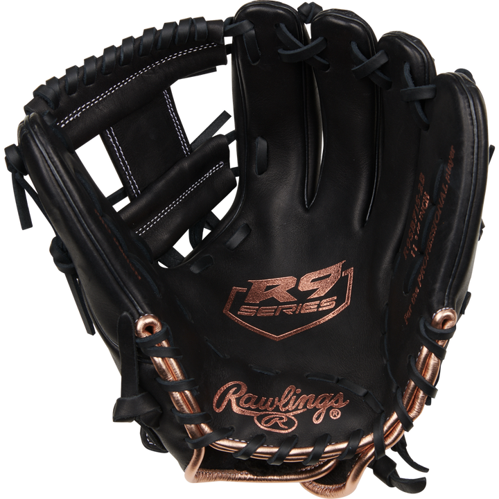 The Rawlings R9 11.75" Fastpitch Glove (R9SB715-2B) is a black, full-grain leather infield glove with brown stitching, âR9 Seriesâ on the palm, prominent edge lacing, and is sized for fastpitch at 11.75 inches.